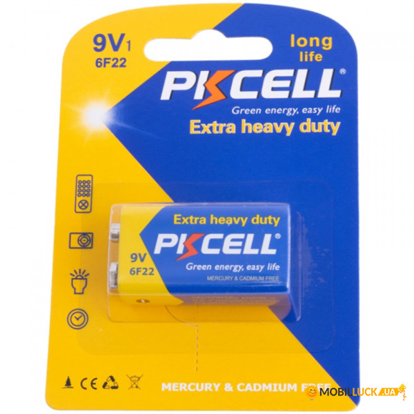  9V 6F22, 1.5V, Extra heavy duty, PKCELL, 1pc/card (6F22-1B)