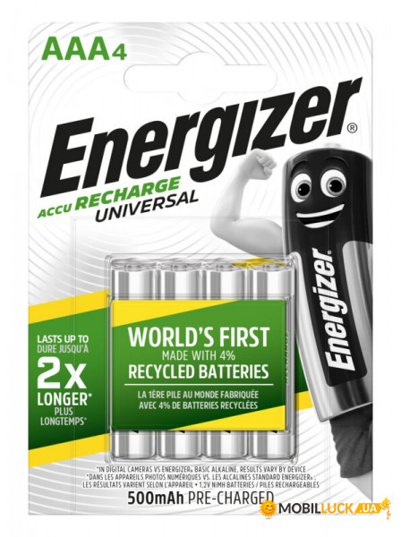  Energizer Recharge Universal, AAA/(HR03), 500mAh, LSD Ni-MH,  4