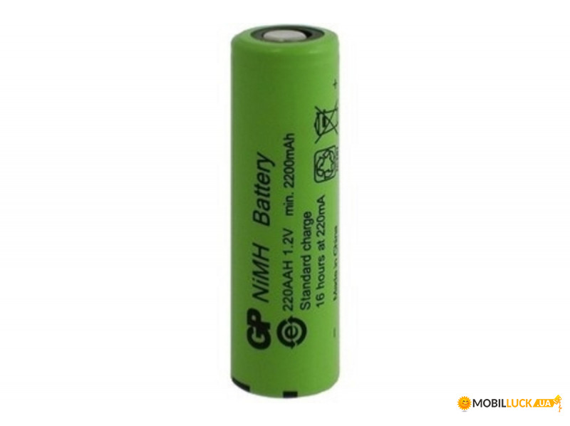   GP 220AAH-B, Ni-MH AA, 2200mAh, 2.6Wh, 6.6A, flat top