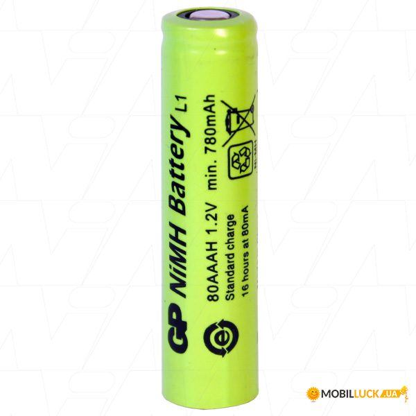   GP 80AAAH, Ni-MH AAA, 800mAh, 1.2V, 0.96Wh, 2.4A, flat top