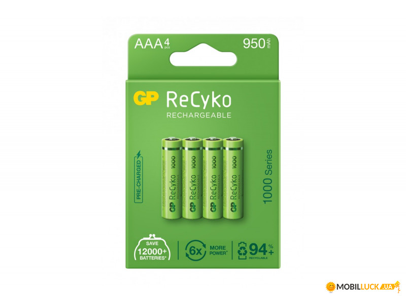  GP Recyko 1000 Series (GP100AAAHCE-2EB4), Ni-MH AAA, 950mAh, 1.2V, 2.8A, LSD50-1, Box 4.