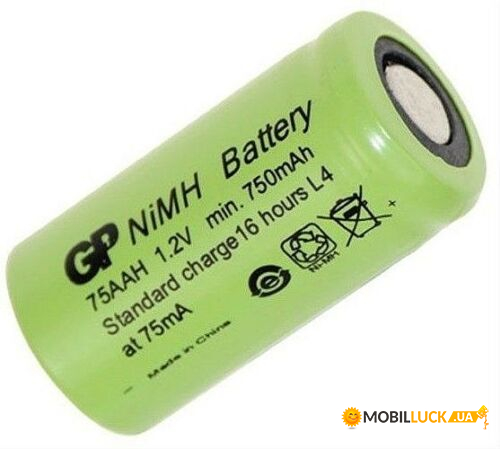   GP 75AAH, Ni-MH 2/3AA, 750mAh, 1.2V, 2.25A, flat top