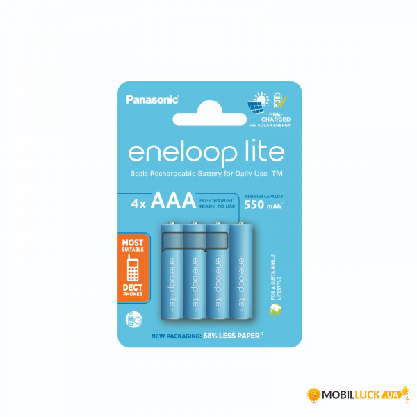  Panasonic Eneloop Lite BK-4LCCE/4CP, AAA/(HR03), 550mAh, LSD Ni-MH, Eco Blister 4