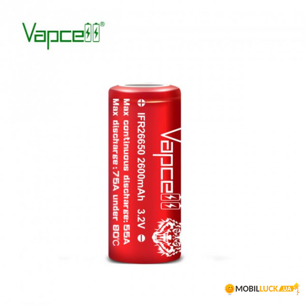  26650 LiFePO4 Vapcell IFR26650, 2600mAh, 55A, 3.6/3.2/2.0V, Red