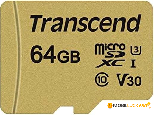   MicroSDXC 64GB UHS-I U3 Class 10 Transcend 500S + Adapter SD (TS64GUSD500S)