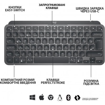  Logitech MX Keys Mini Wireless Illuminated UA Graphite (920-010498)