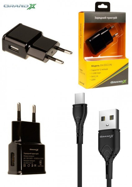    Grand-X 1USB 2.1A Black (CH-03T) cable Type-C