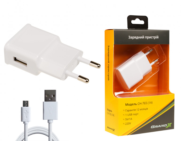    Grand-X 1USB 1A White (CH-765UMW) + cable MicroUSB