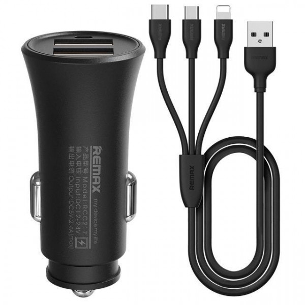    Remax 2USB 2.4A Black (RCC-217) + cable Lightning-MicroUSB-Type-C