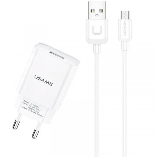   1USB Usams T21 2.1A White cable USB-MicroUSB