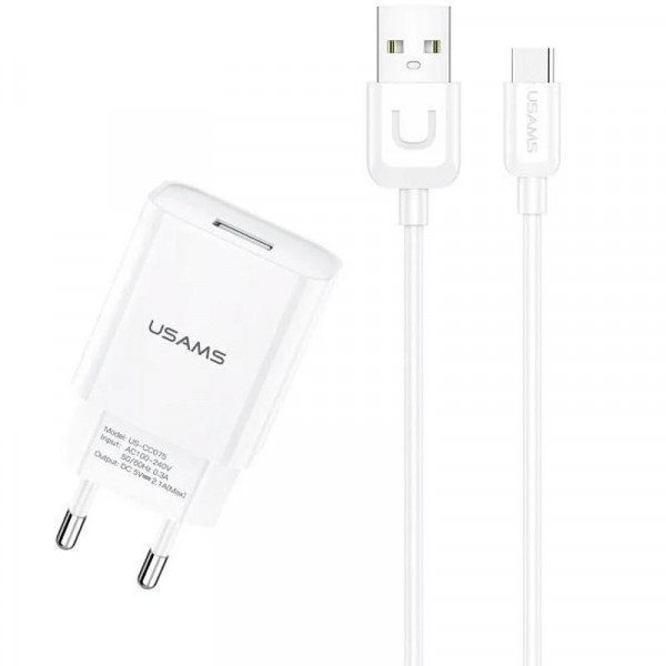    1USB Usams T21 2.1A White + cable USB-Type-C