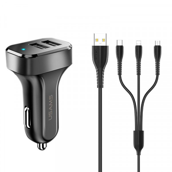    2USB Usams 13 2.1A + cable USB-Lightning-MicroUSB-Type-C U35 Blac