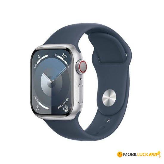 - Apple Watch Series 9 GPS + Cellular 41mm Silver Alu. Case w. Storm Blue S.Band - S/M (MRHV3)