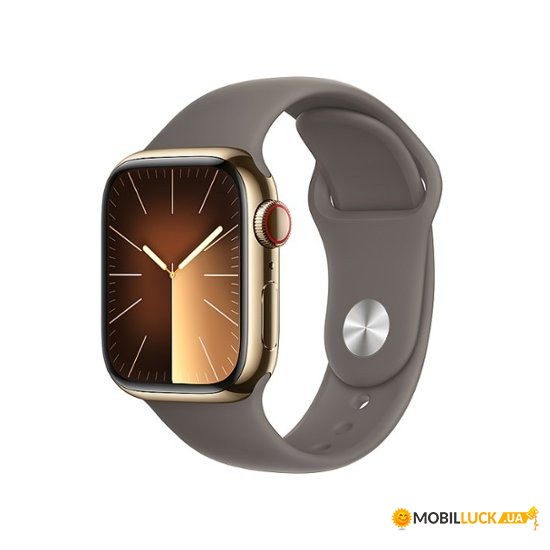 - Apple Watch Series 9 GPS + Cellular 41mm Gold S. Steel Case w. Clay S. Band - S/M (MRJ53)