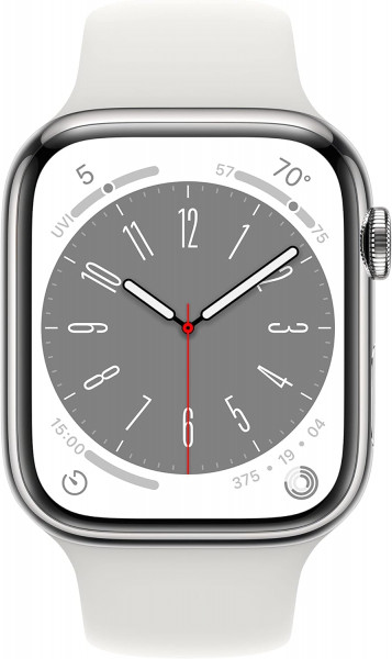 �����-���� Apple Watch Series 8 GPS + Cellular 45mm w/Silver Stainless Steel Case with White Sport Band - M/L (MNVW3)