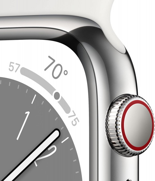 �����-���� Apple Watch Series 8 GPS + Cellular 45mm w/Silver Stainless Steel Case with White Sport Band - M/L (MNVW3)