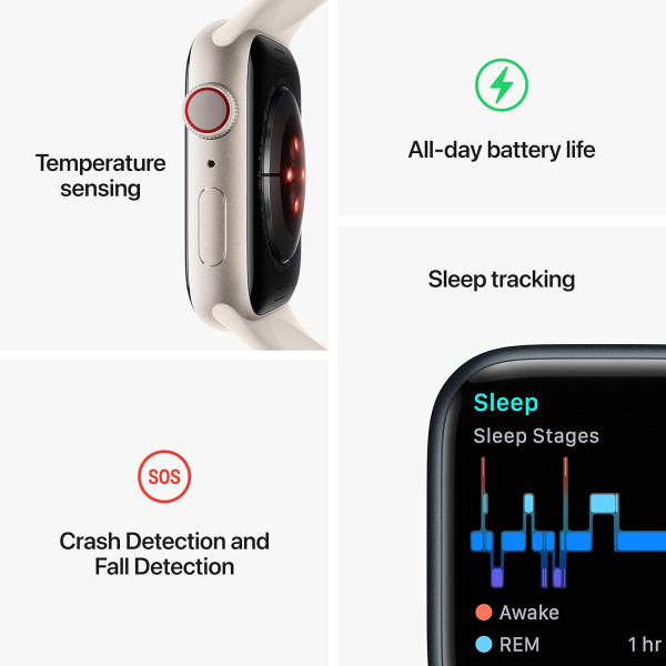 �����-���� Apple Watch Series 8 GPS + Cellular 45mm w/Silver Stainless Steel Case with White Sport Band - M/L (MNVW3)