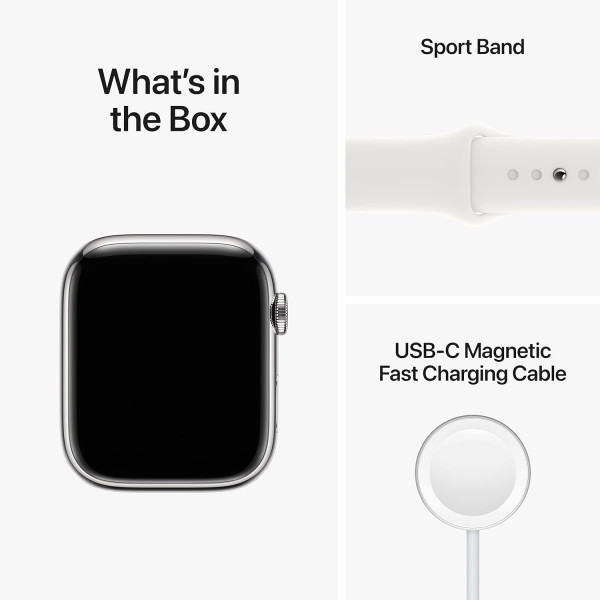 �����-���� Apple Watch Series 8 GPS + Cellular 45mm w/Silver Stainless Steel Case with White Sport Band - M/L (MNVW3)