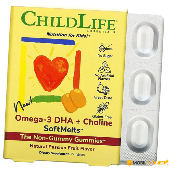 -3  +  SoftMelts,   , Omega-3 DHA + Choline SoftMelts, Natural Passion Fruit Flavor, ChildLife, 27 