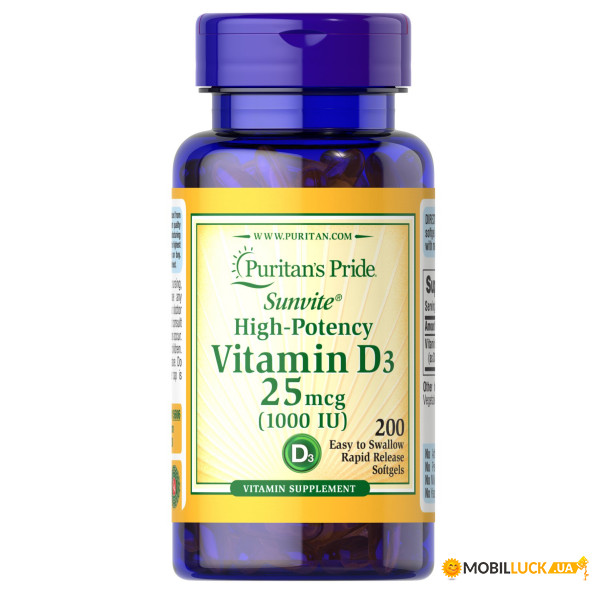  Puritans Pride Vitamin D3 25mcg 1000IU 200softgels