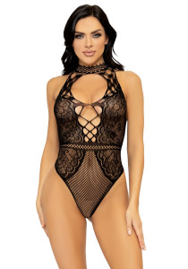  Leg Avenue Net and lace halter bodysuit Black OS