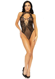  Leg Avenue Net and lace halter bodysuit Black OS 9