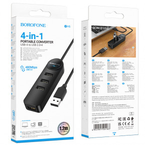 USB- Borofone DH5 Erudite 4-in-1 USB-A to USB 2.0*4 1,2m Black (6941991104183) 3