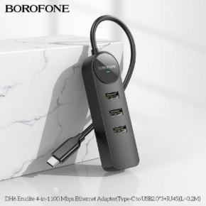  Borofone DH6 Erudite 4-in-1 Type-C to 3xUSB2.0+RJ45 20  Black (6941991104282) 4