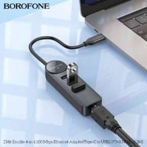  Borofone DH6 Erudite 4-in-1 Type-C to 3xUSB2.0+RJ45 20  Black (6941991104282) 5