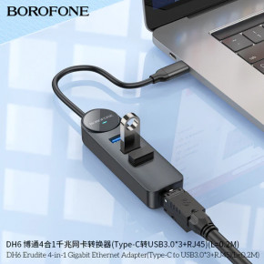 USB- Borofone DH6 Erudite 4-in-1 Type-C to 3xUSB3.0+RJ45 20  Black (6941991104312) 5