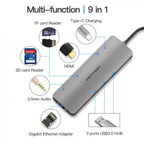 USB HUB 7  1 Vention Aluminum Type-C-HDMI-3.5 3USB 3.1 Card Reader Grey (CGNHA) 3