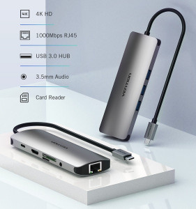 USB HUB 7  1 Vention Aluminum Type-C-HDMI-3.5 3USB 3.1 Card Reader Grey (CGNHA) 4