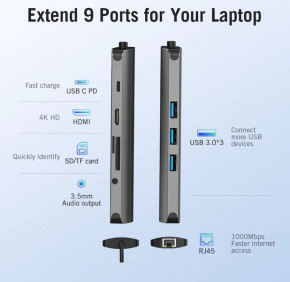 USB HUB 7  1 Vention Aluminum Type-C-HDMI-3.5 3USB 3.1 Card Reader Grey (CGNHA) 5