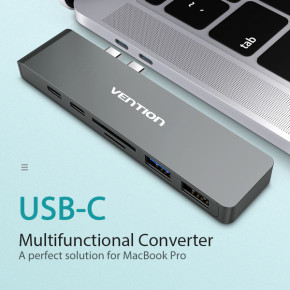 USB HUB 7  1 Vention Aluminum Type-C-HDMI 2USB 3.1 Card Reader Grey (CMHH0)