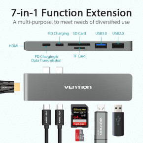 USB HUB 7  1 Vention Aluminum Type-C-HDMI 2USB 3.1 Card Reader Grey (CMHH0) 3