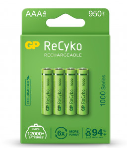  GP Recyko 1000 Series (GP100AAAHCE-2EB4), Ni-MH AAA, 950mAh, 1.2V, 2.8A, LSD50-1, Box 4.