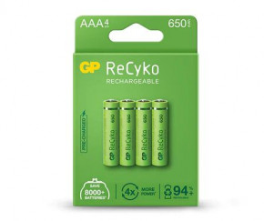  GP Recyko 650 Series (GP65AAAHCE-2EB4), Ni-MH AAA, 650mAh, 1.2V, 1.95A, LSD80-1, Box 4.