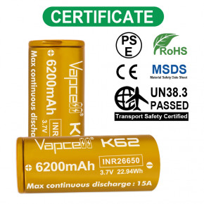  26650 - (Li-Ion) Vapcell INR26650 K62, 6200mAh, 15A, 4.2/3.6/2.5V, Gold 6