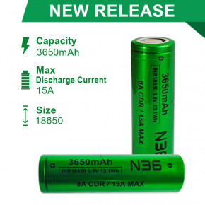  18650 - (Li-Ion) Vapcell INR18650 N36, 3650mAh, 8A, 4.2/3.6/2.5V, Green 4