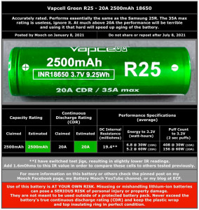  18650 Li-Ion Vapcell INR18650 R25, 2500mAh, 20A, 4.2/3.6/2.5V, Green 6