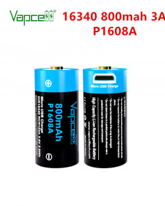  16340/CR123 Li-Ion Vapcell P1608A, microUSB, 800mAh, 3A, 4.2/3.6/2.5V, Black