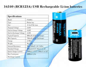  16340/CR123 Li-Ion Vapcell P1608A, microUSB, 800mAh, 3A, 4.2/3.6/2.5V, Black 5