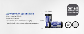   16340(CR123) Li-Ion XTAR Protected, 650mAh, 1.2A, 4.2/3.7/2.5V, Box 5