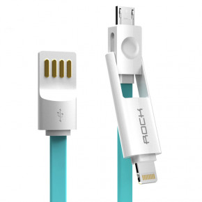  2-in-1 Rock Micro USB+Lightning Flat 1M 2.1A Blue