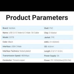  Vention USB Type-C - USB Type-C (M/M), TPE Round PD 100 W, 5 A, 1.5 , Black (COTBG) 3