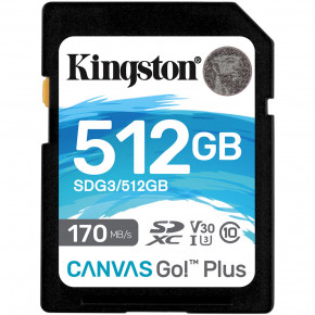   Kingston SDXC Canvas Go! Plus 512GB Class 10 UHS-I (U3) V30  90 / R-170MB/s   (SDG3/512GB)