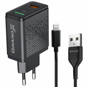    Grand-X Fast Charge 3--1 QC3.0, FCP, AFC, (1USB, 18W) +  USB-Lightning Black (CH-650L)