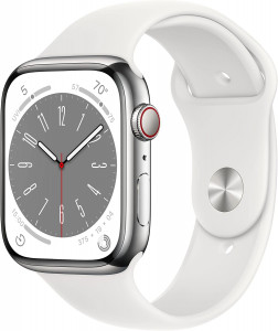 - Apple Watch Series 8 GPS + Cellular 45mm Smart Watch w/Silver Stainless Steel Case with White Sport Band - S/M (MNVV3)