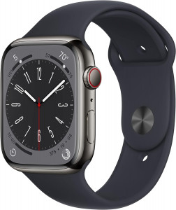 - Apple Watch Series 8 GPS + Cellular 45mm Smart Watch w/Graphite Stainless Steel Case w/Midnight Sport Band-S/M (MNW13)