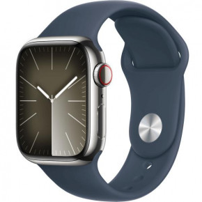 - Apple Watch Series 9 GPS + Cellular 41mm Silver S. Steel Case w. Storm Blue Sport Band - M/L (MRJ33)